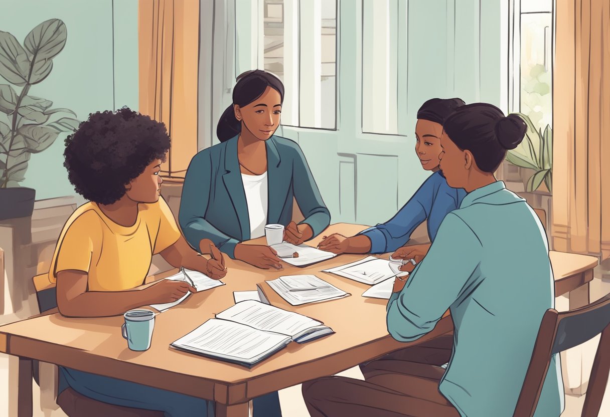 A family sits around a table, discussing contributions and withdrawals for their RDSPs. Multiple beneficiaries are present, each engaged in the conversation