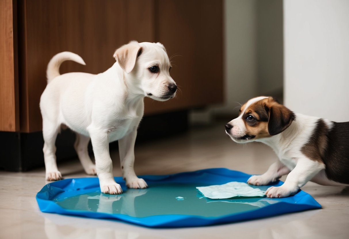 A 6-month-old puppy stands next to a puddle on the floor, looking guilty. A torn-up potty training pad lies nearby