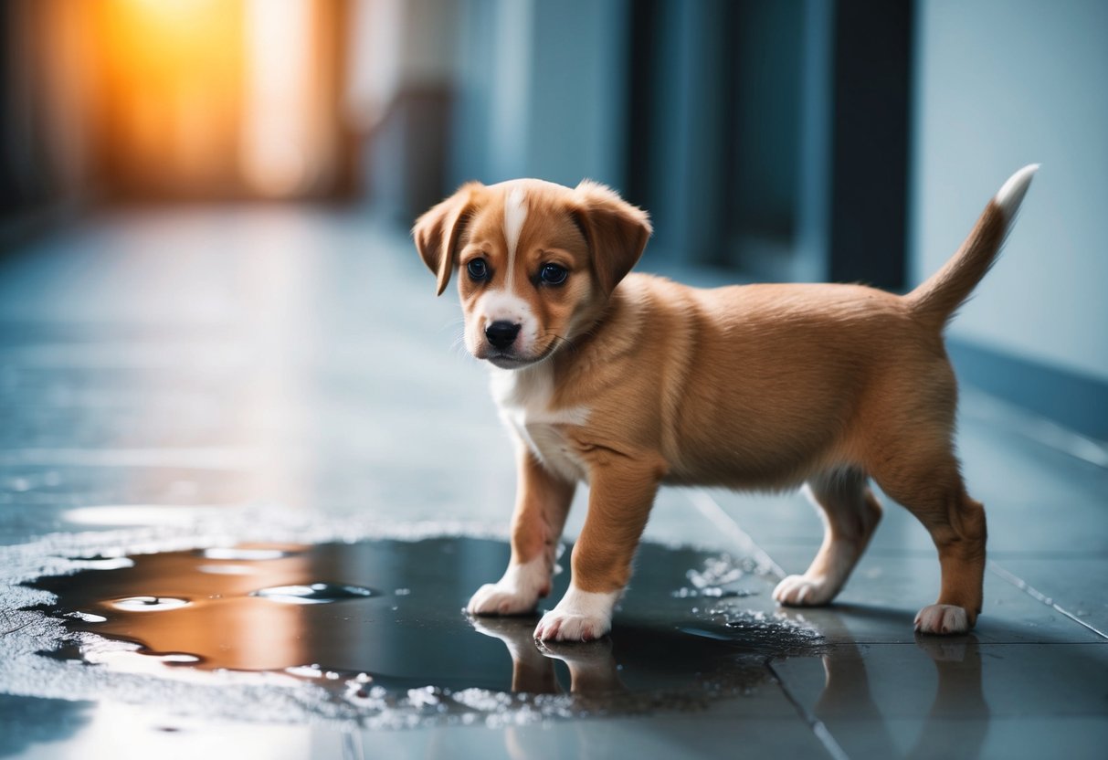 A 6-month-old puppy standing next to a puddle on the floor, looking confused