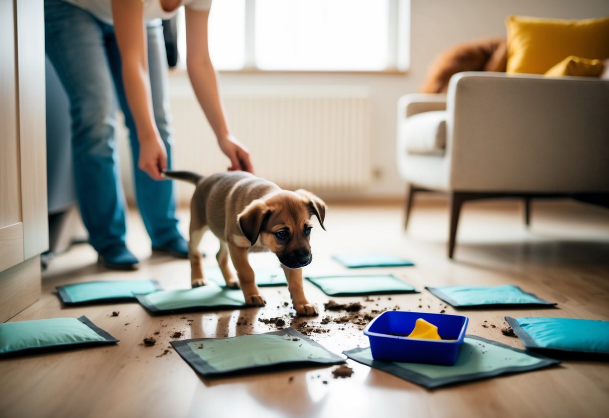 A 6-month-old puppy having accidents indoors while surrounded by potty training pads and a frustrated owner cleaning up the mess