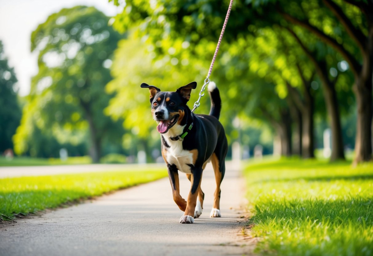 A dog walks happily in a lush park, leash trailing, with trees and a clear path in the background