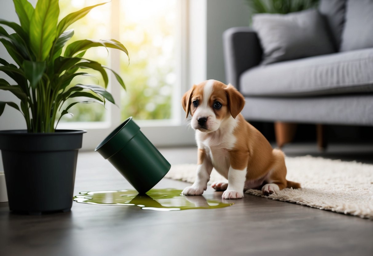 A 6-month-old puppy sits next to a tipped-over potted plant, looking guilty as a puddle of urine forms on the floor