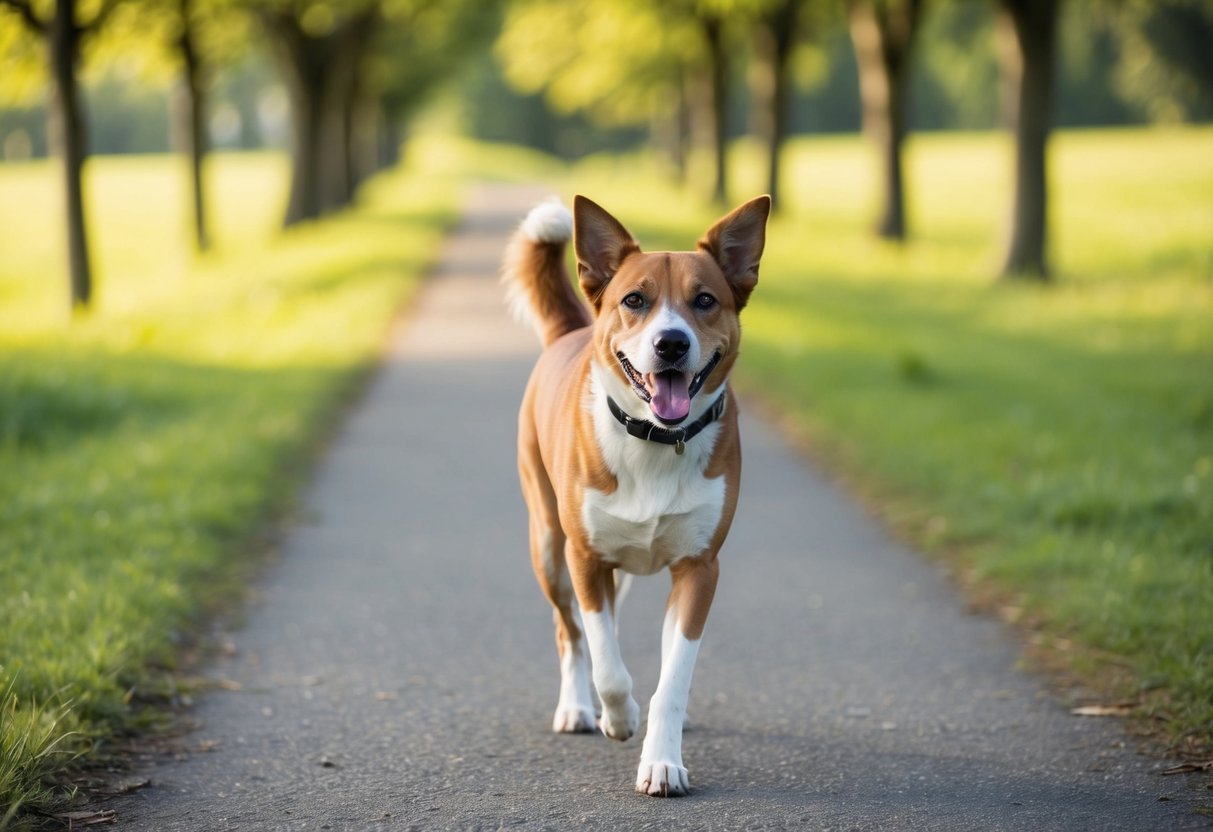 A happy dog walking on a path with trees and grass, tail wagging