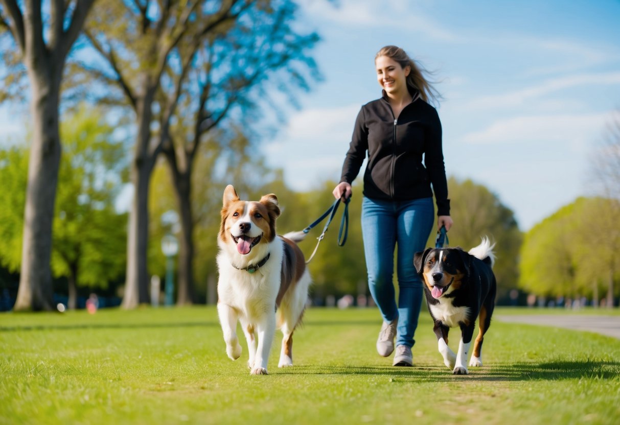 A happy dog walking with its owner in a green park, surrounded by trees and a clear blue sky