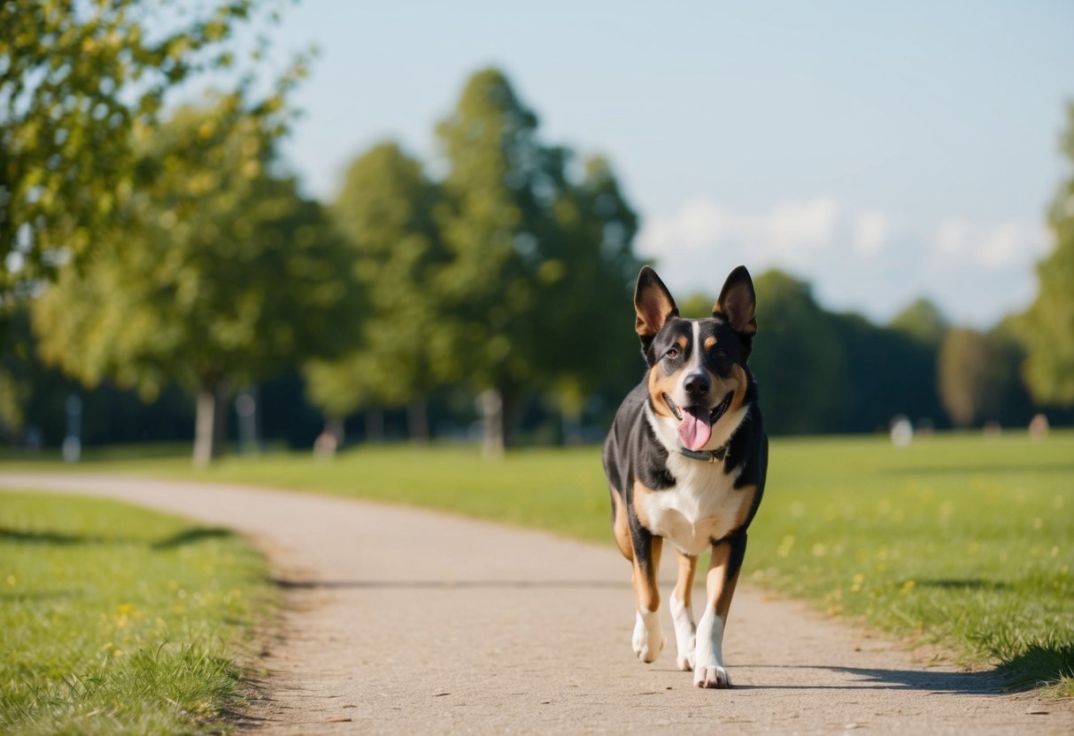 A dog walking on a path through a park, with trees, grass, and a clear sky in the background