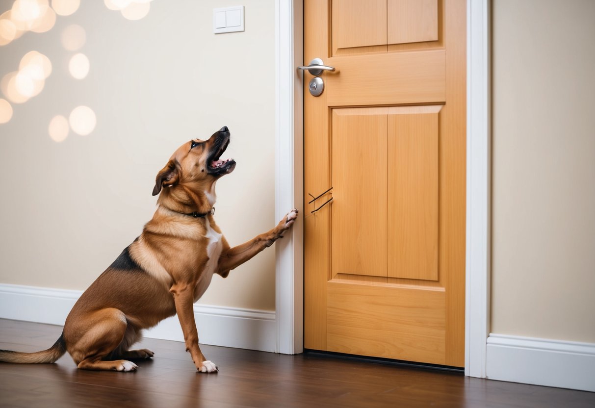 A dog barking three times at a closed door, then scratching at it