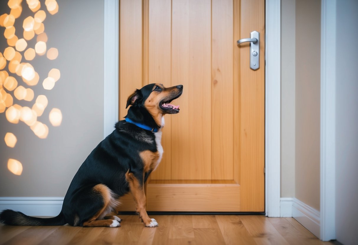 A dog barking three times at a closed door, then sitting calmly