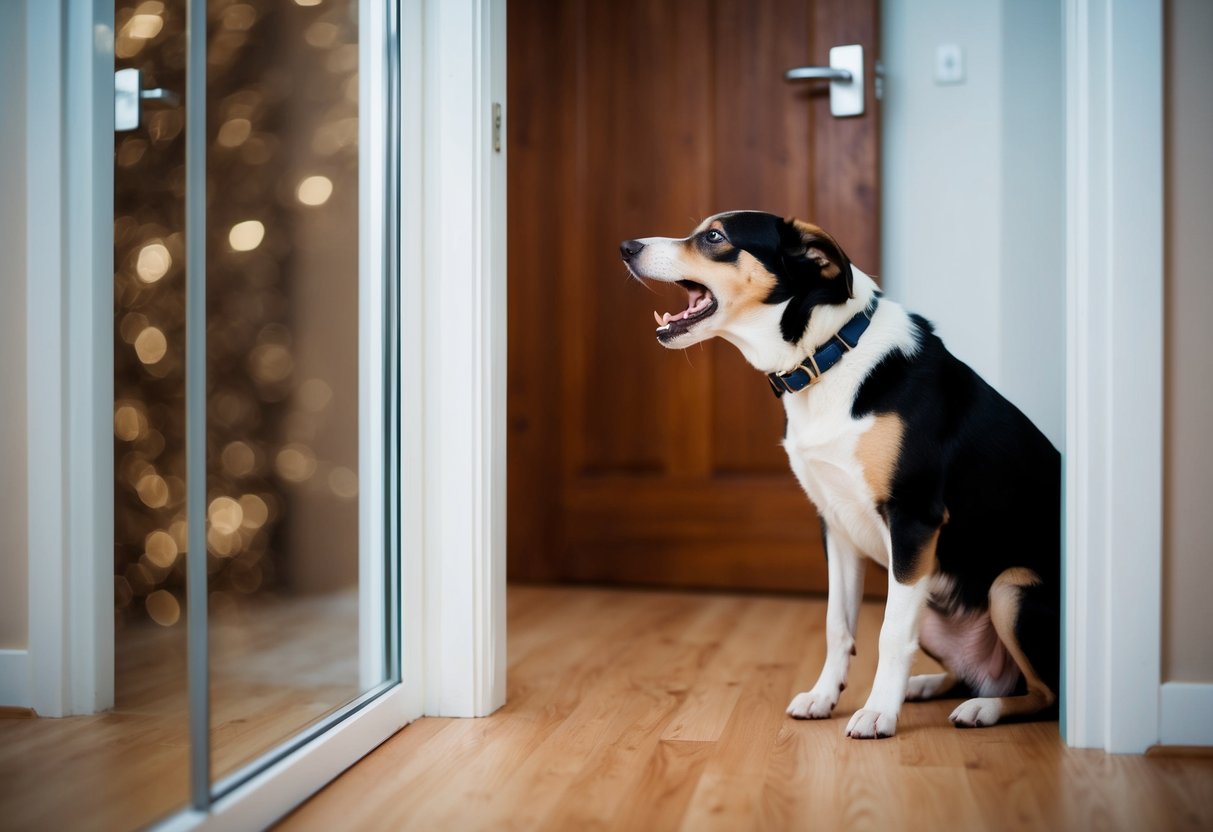 A dog barking three times at a closed door, looking frustrated and confused