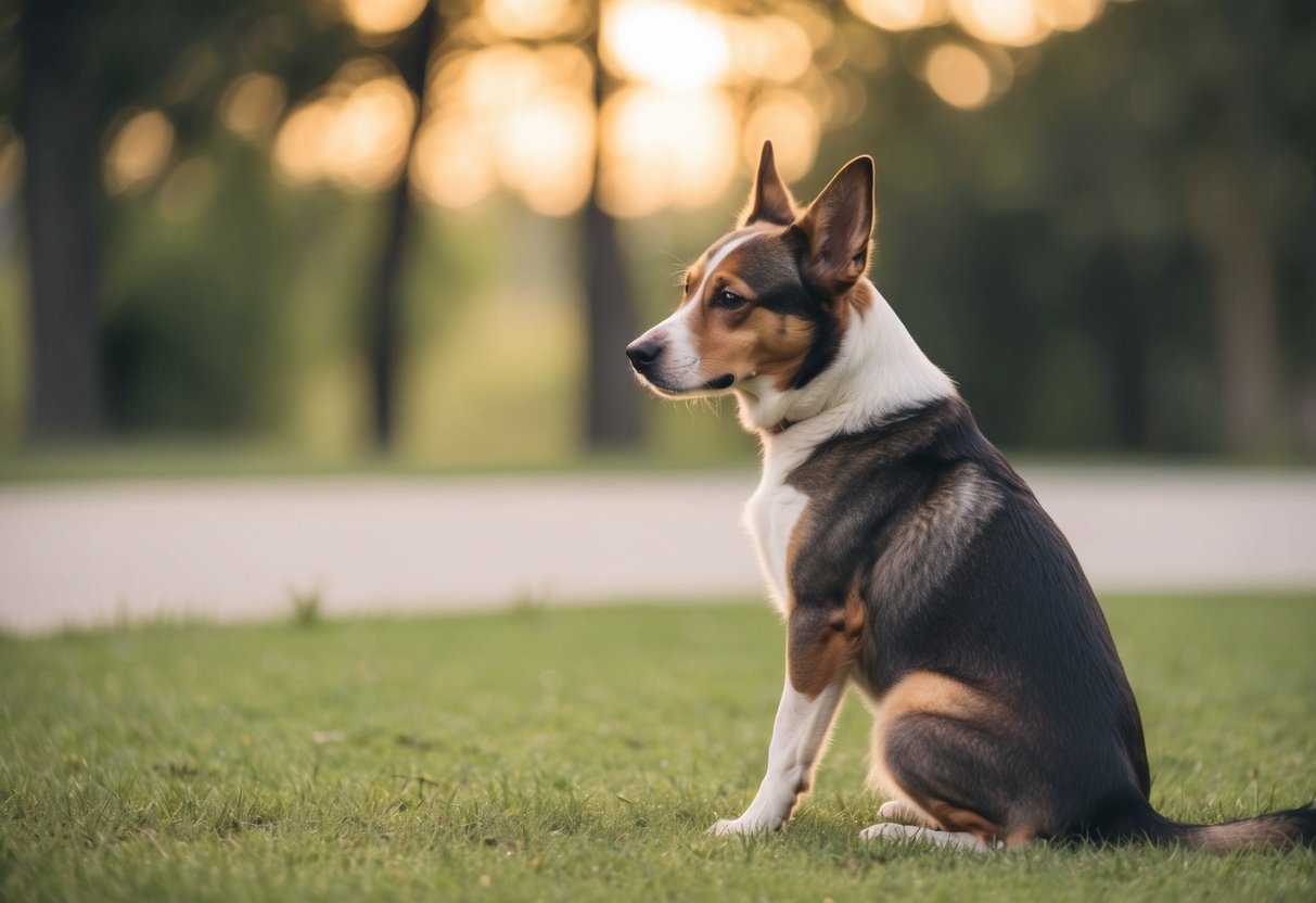 A dog sitting with ears back and tail low, avoiding eye contact with a pleading expression