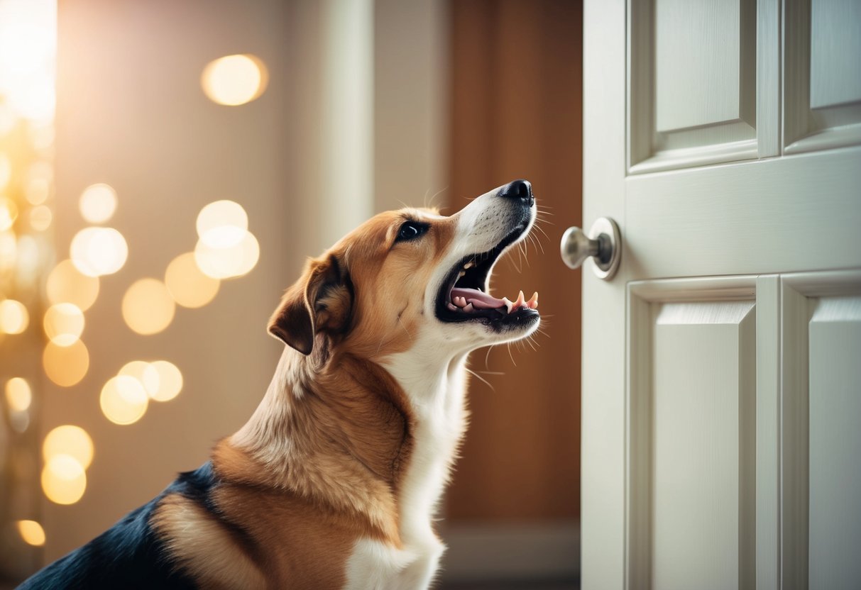A dog barking three times at a closed door, waiting for someone to open it