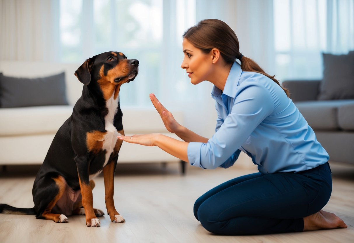 A dog sitting attentively as its owner uses a firm tone and body language to communicate "no" during a training session