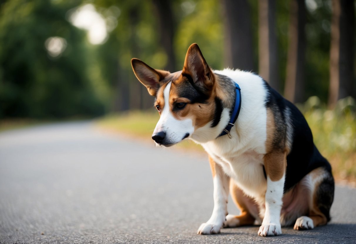 A dog with ears back, avoiding eye contact, and a slight crouch to convey submission