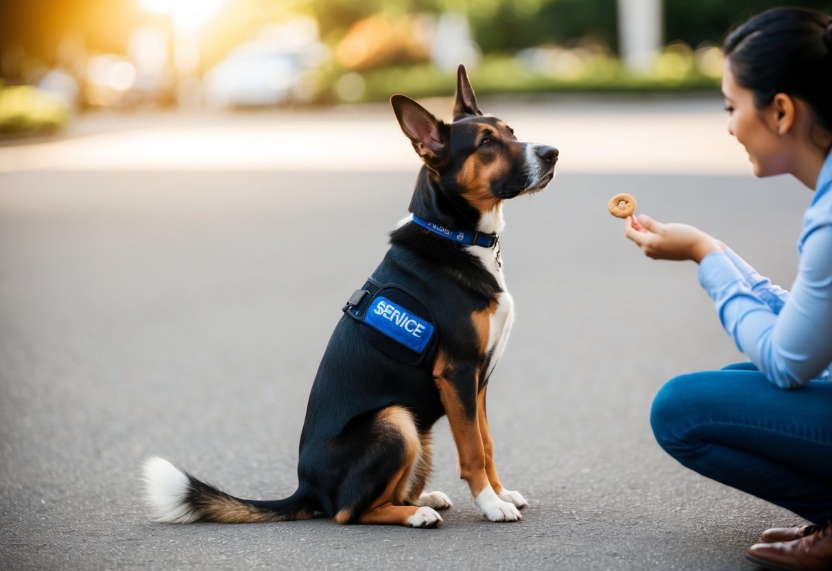 A service dog sits with ears back and tail low, avoiding eye contact with a person offering a treat