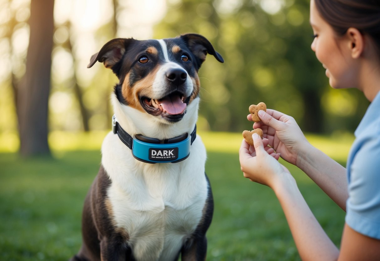 A dog wearing a bark control collar with a calm expression as a person rewards it with treats for quiet behavior