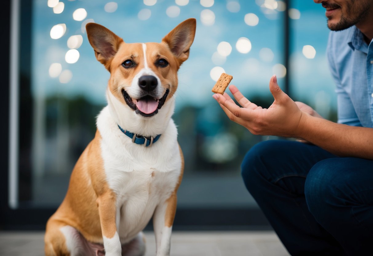 A dog sitting quietly with a content expression while a person holds a treat and uses a hand signal to command "quiet."