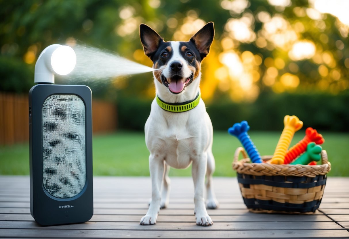 A dog wearing a citronella spray collar, standing in front of a sound-emitting device, with a basket of chew toys nearby
