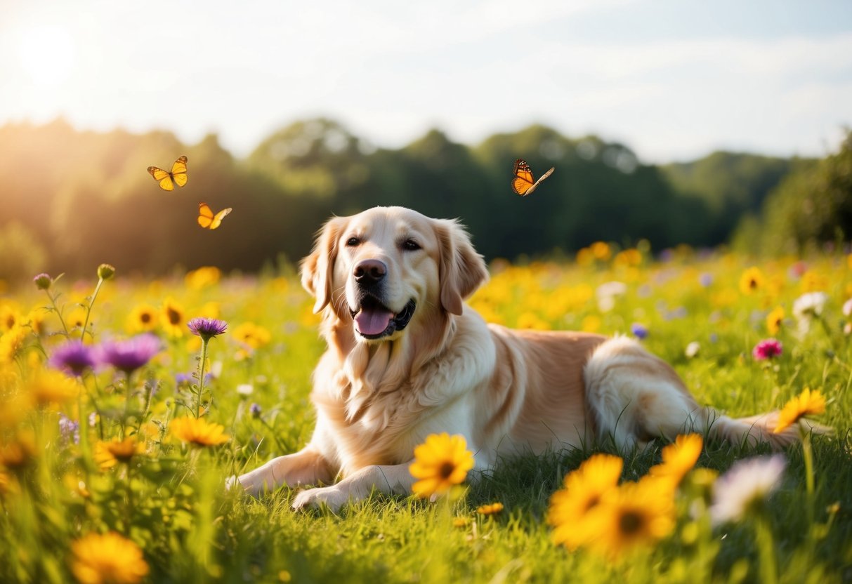 A serene golden retriever lying peacefully in a sun-drenched meadow, surrounded by colorful flowers and fluttering butterflies