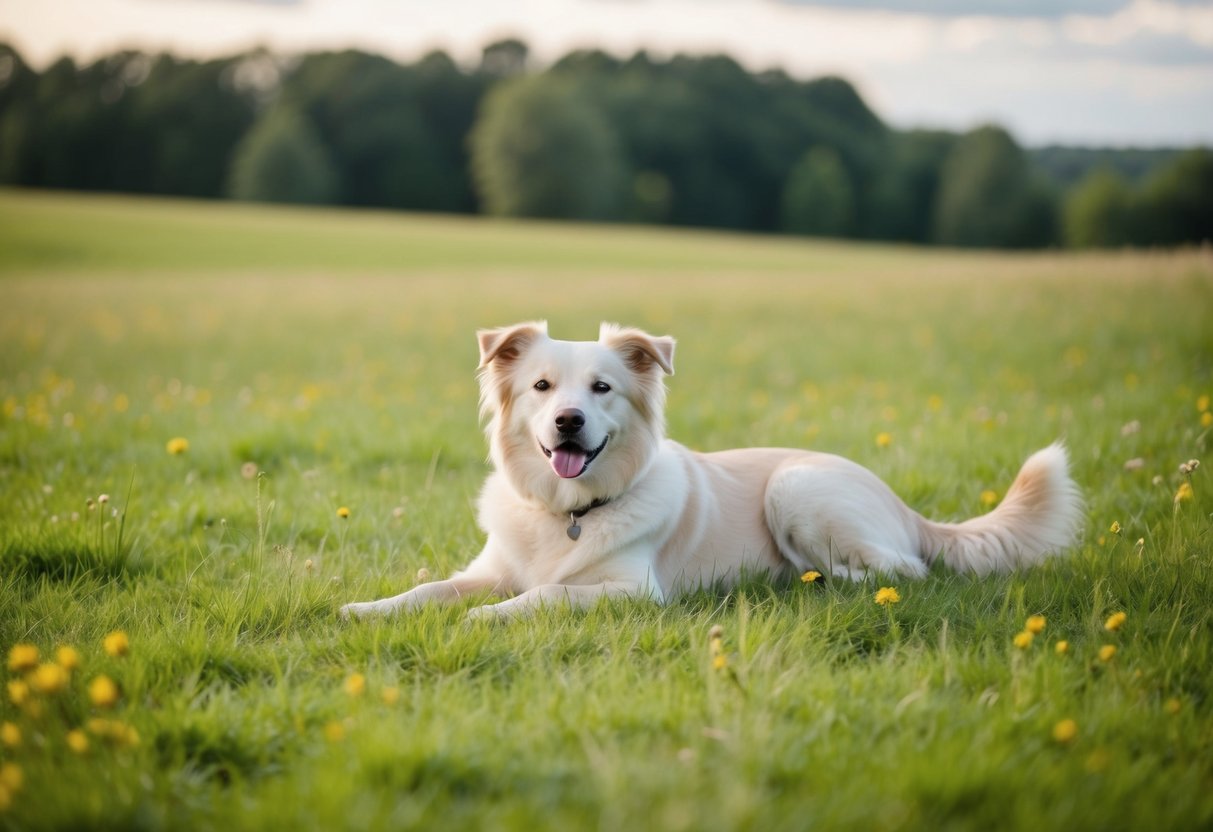 A serene countryside with a calm and quiet dog lounging in a peaceful meadow
