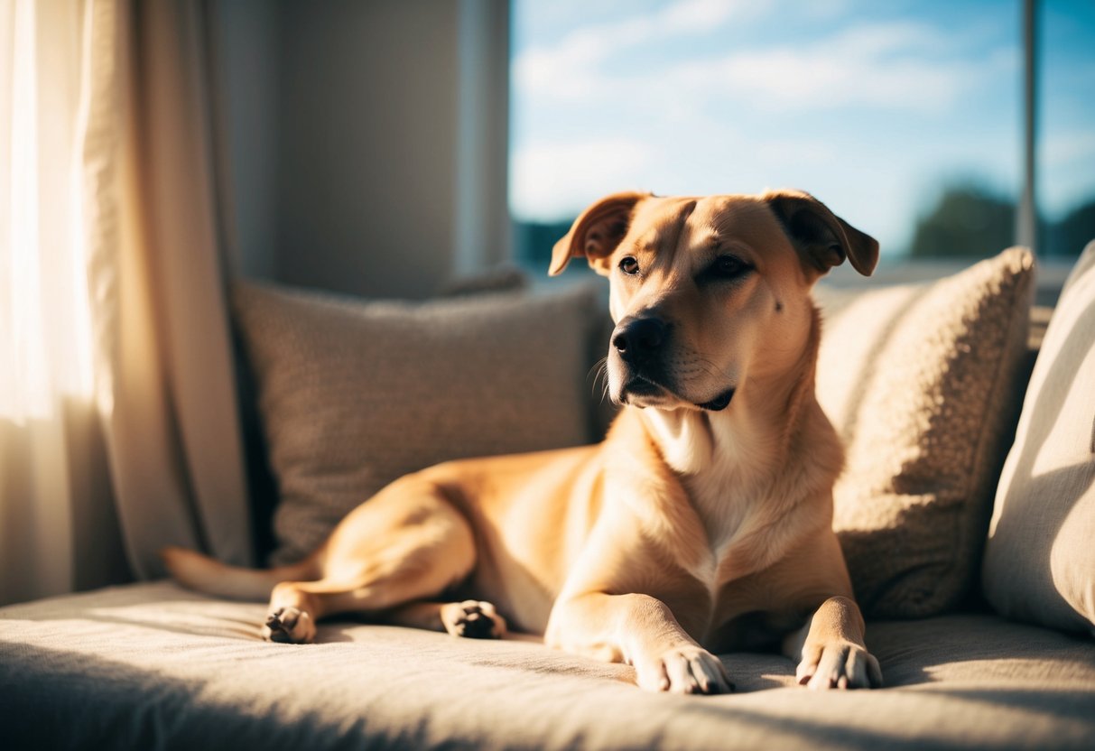 A serene, tranquil setting with a content, quiet dog lounging peacefully in a cozy, sunlit room