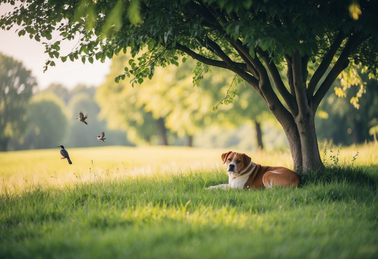 A serene countryside with a peaceful dog resting under a shady tree, surrounded by tranquil nature, birds chirping, and a sense of calm