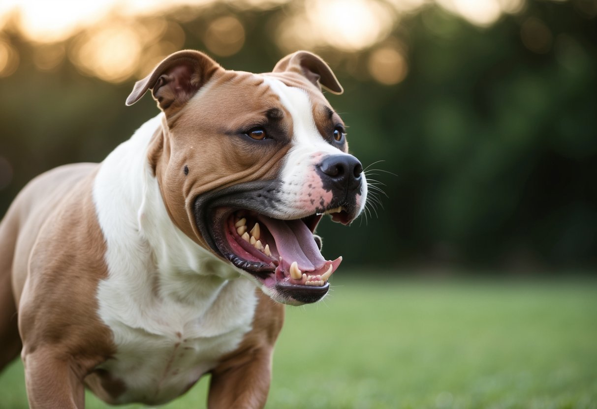 A snarling pit bull lunges with bared teeth, eyes fixed on its target