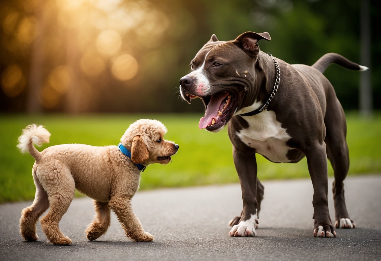 A snarling pit bull lunges at a cowering poodle, teeth bared and fur raised, in a tense stand-off