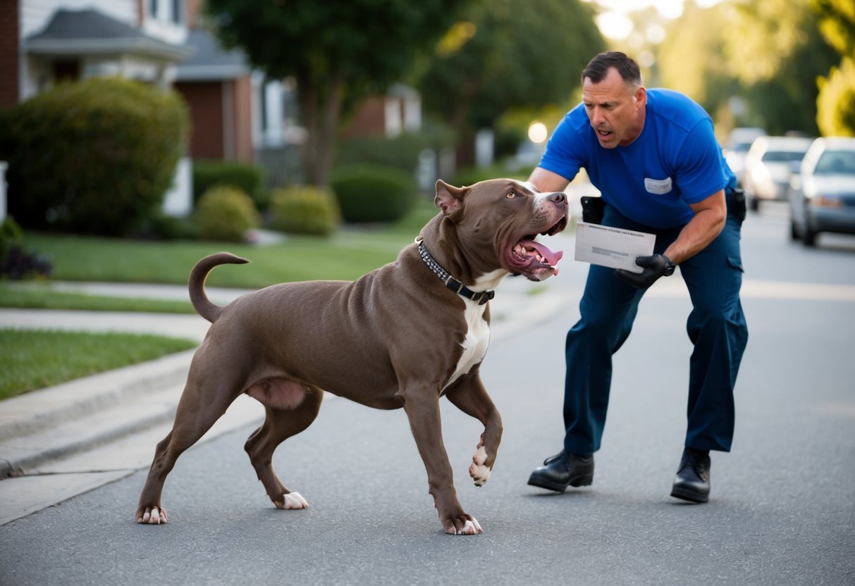 A snarling pit bull lunges at a mail carrier, teeth bared and saliva flying, as the dog's owner struggles to restrain it on a suburban street