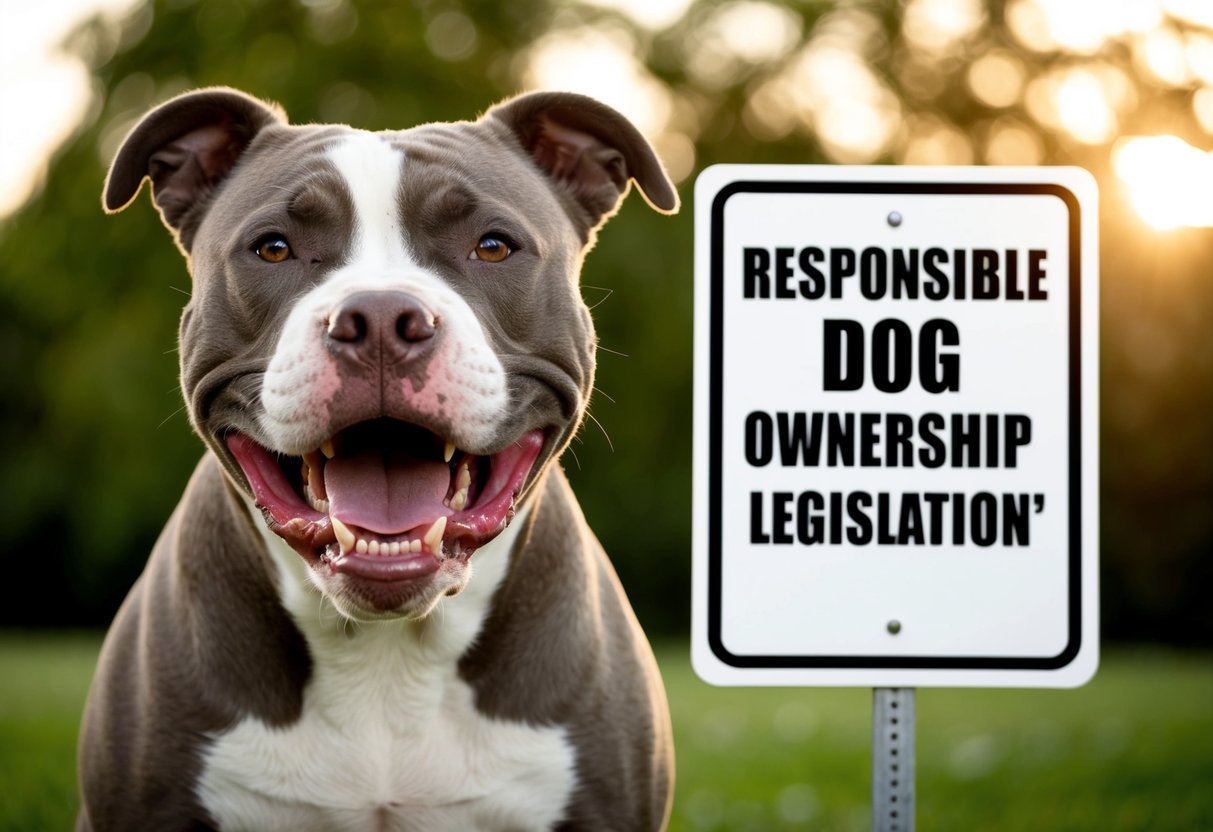 A snarling pit bull stands in front of a "Responsible Dog Ownership and Legislation" sign, teeth bared and eyes fierce
