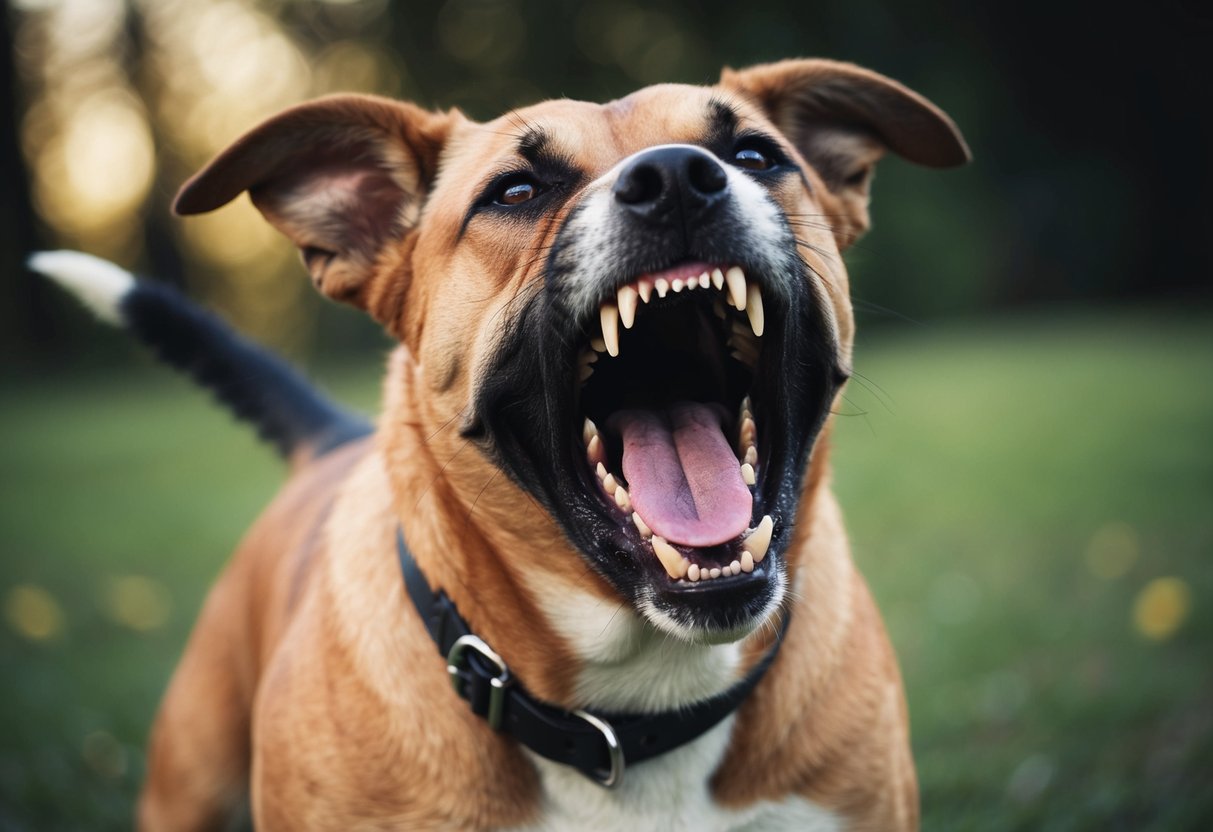 A snarling dog lunges forward, teeth bared, ears pinned back