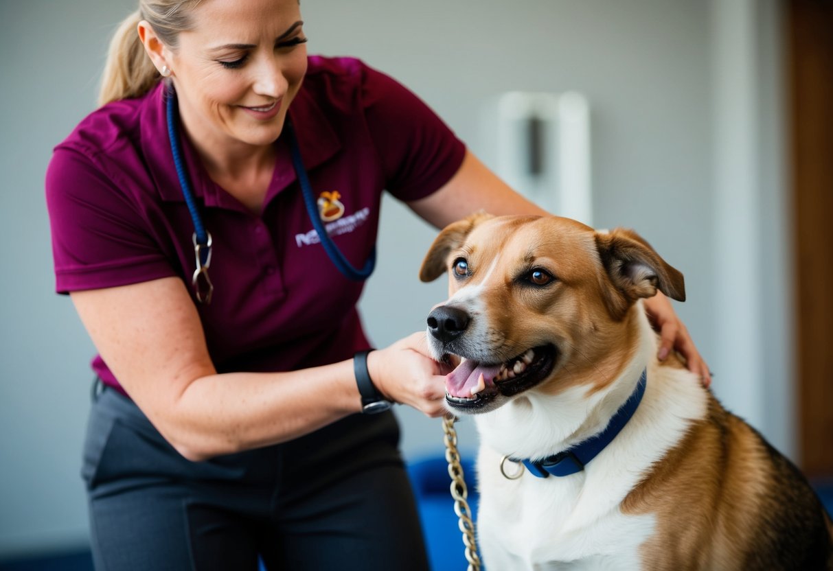 A dog trainer demonstrating gentle handling techniques to prevent aggressive biting