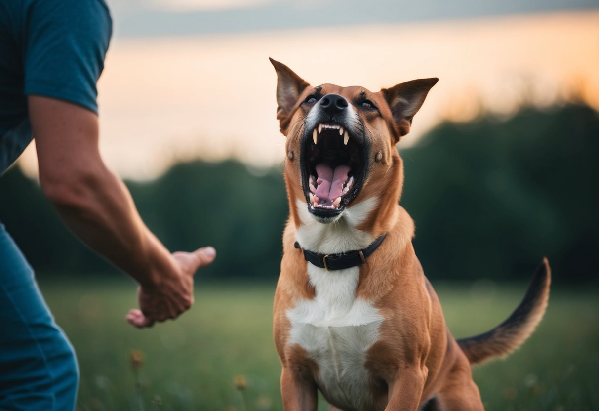 A snarling dog lunges with bared teeth towards a person, its body tense and aggressive