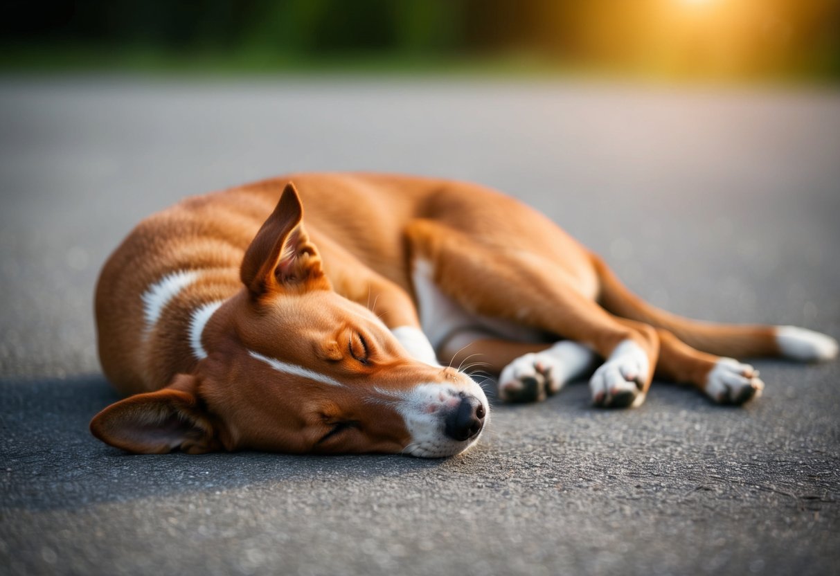 A dog curled up, tail tucked under, facing away, sleeping peacefully
