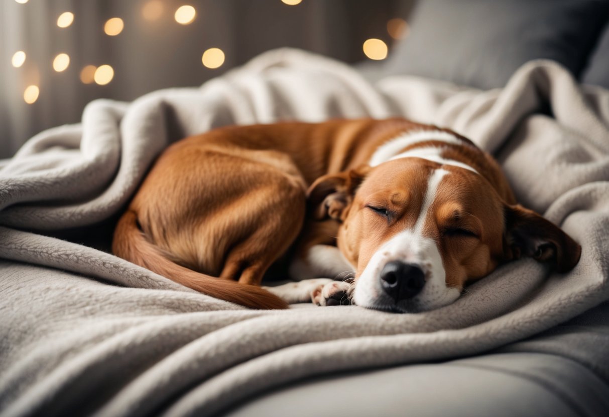 A dog sleeping peacefully, curled up with its back facing the viewer, surrounded by a cozy blanket and safe, familiar surroundings