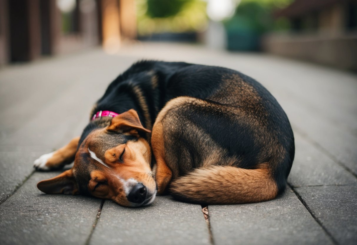 A dog sleeping with its back turned towards the viewer, tail tucked between its legs, and head resting on its paws