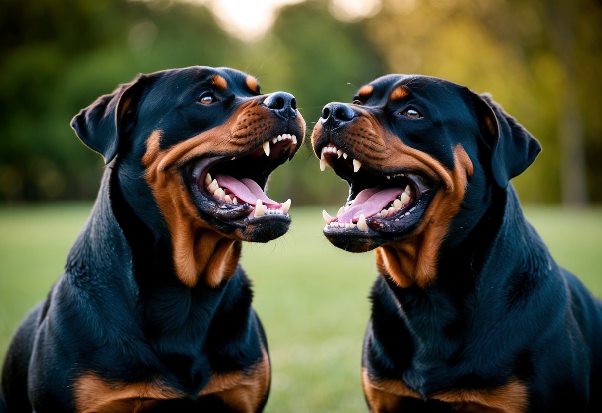 Two snarling Rottweilers face off, teeth bared, in a tense standoff. Their muscles are taut, and their eyes lock in a display of aggression
