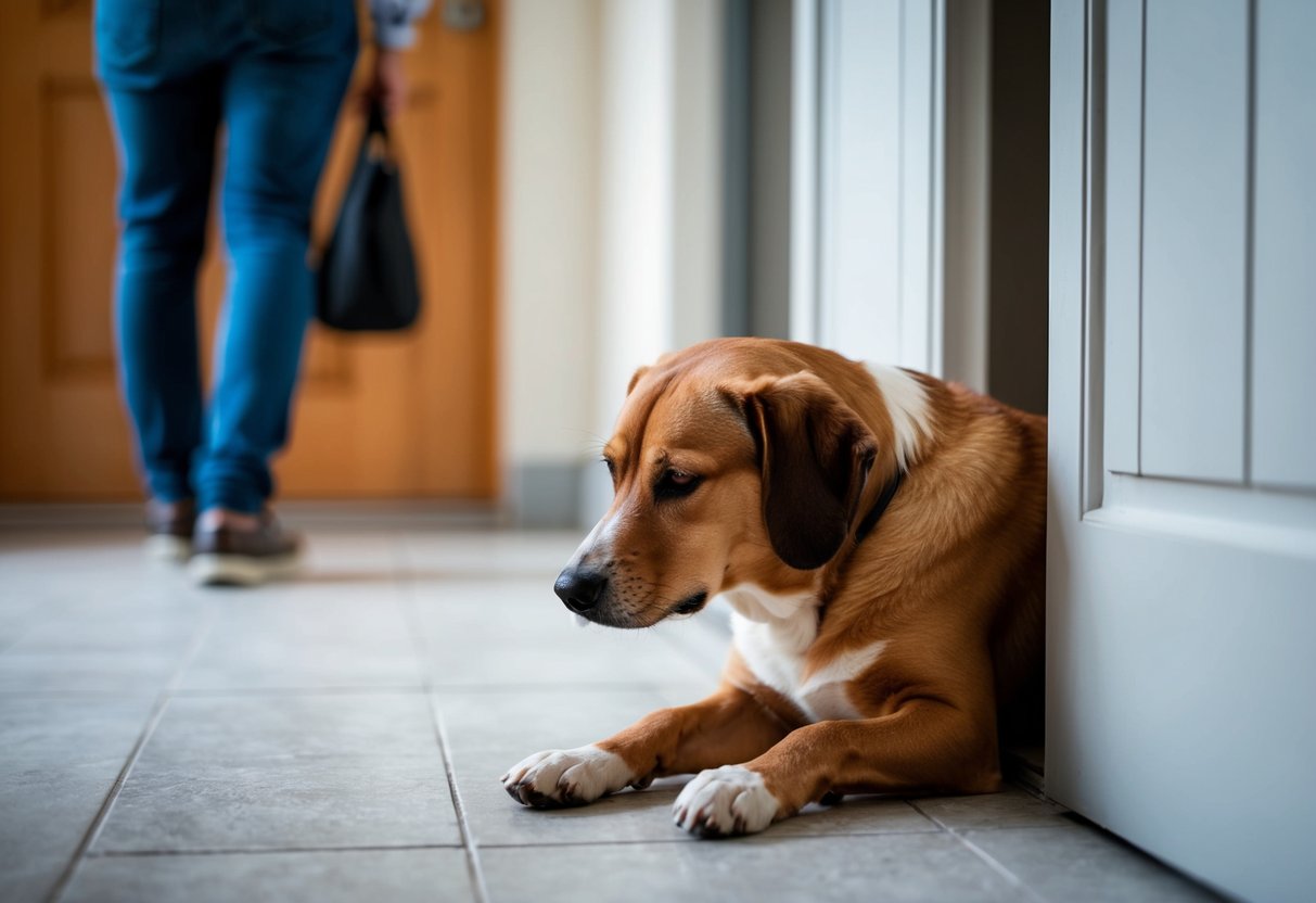 A dog sits by the door, head down and ears drooping, as its owner leaves for work