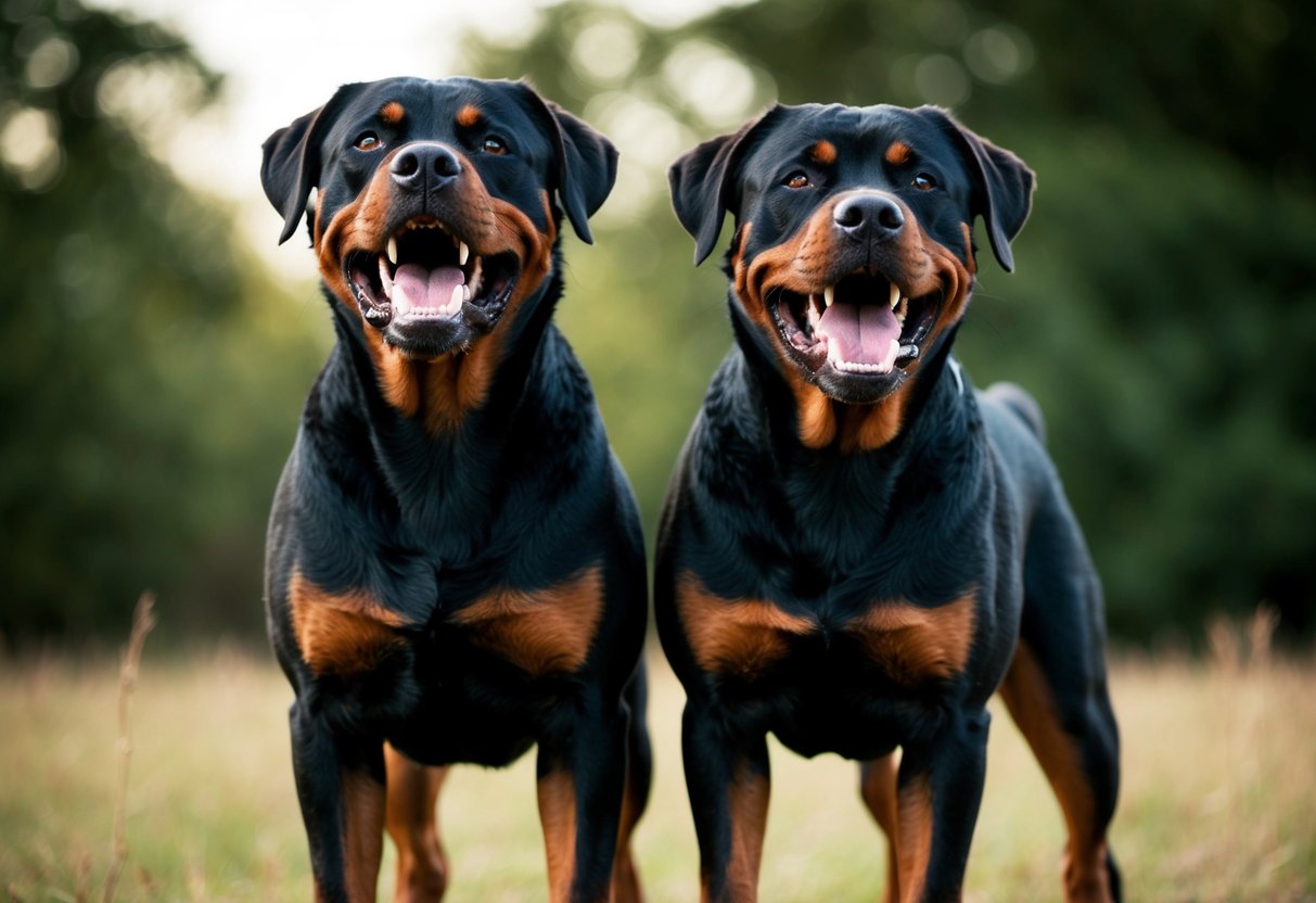 Two snarling Rottweilers stand guard, teeth bared and muscles tense, ready to defend their territory
