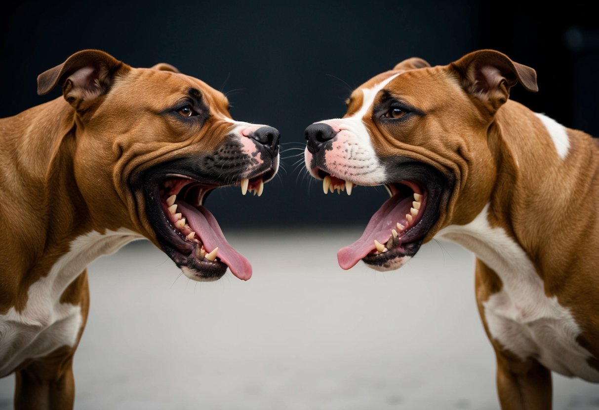 Two snarling pit bulls face off in a training ring, teeth bared and growling. Their muscles are tense as they prepare to lunge at each other