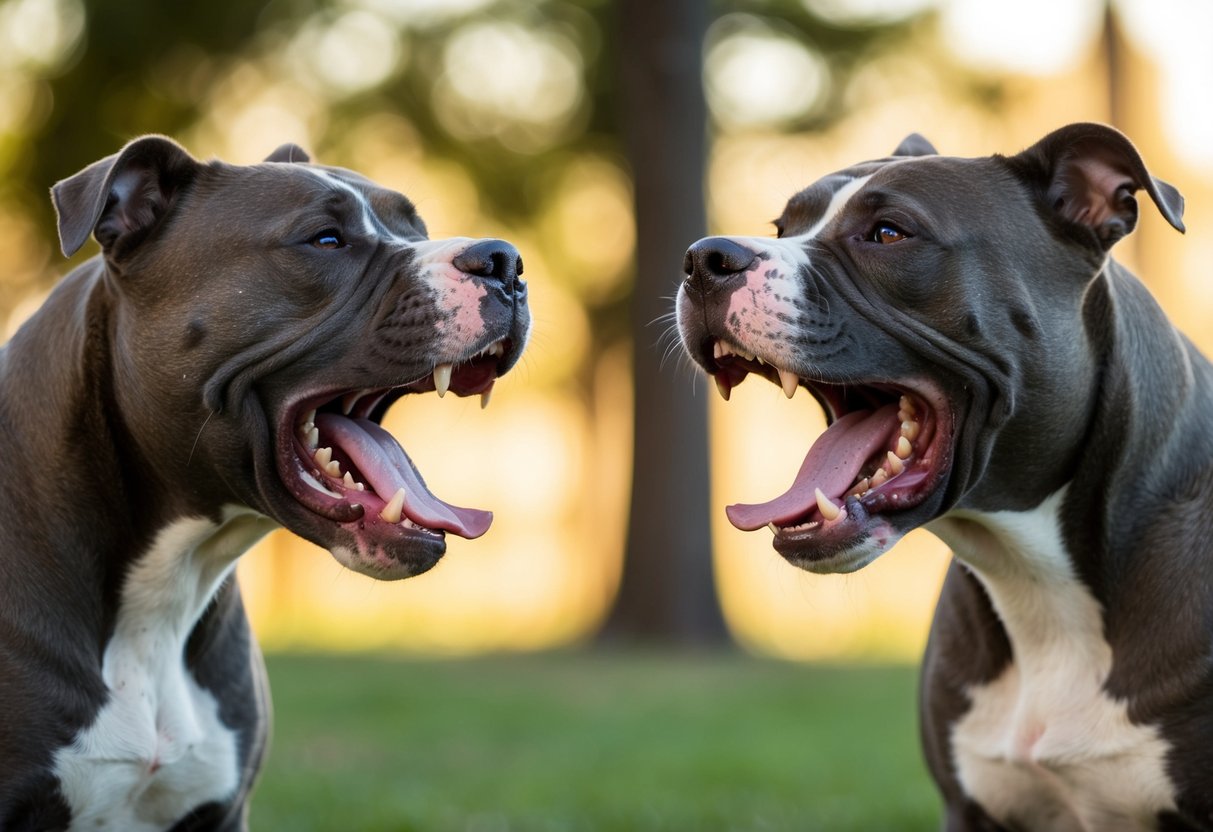 Two snarling pit bulls facing off, teeth bared, in a tense stand-off