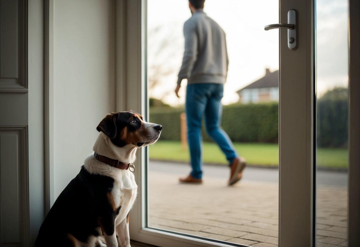A dog sitting by the front door, looking longingly out the window as its owner walks away, with a forlorn expression on its face