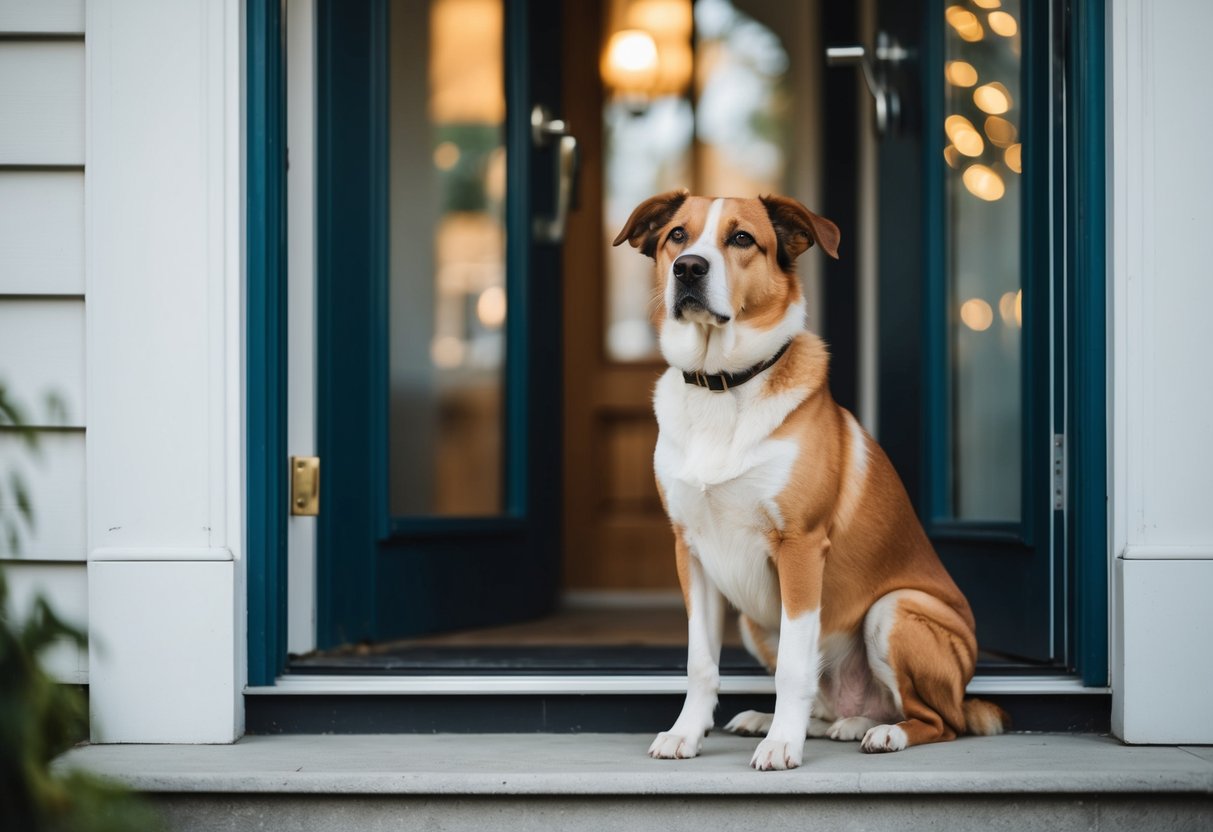 A dog sitting by the front door, looking out with a forlorn expression as the owner's absence is felt