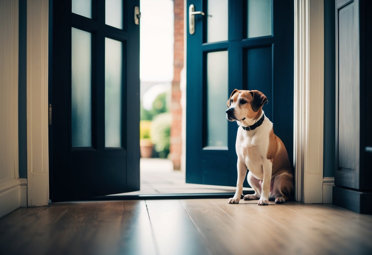 A dog sits by the door, looking forlorn as their owner leaves for work, their tail drooping and ears downcast