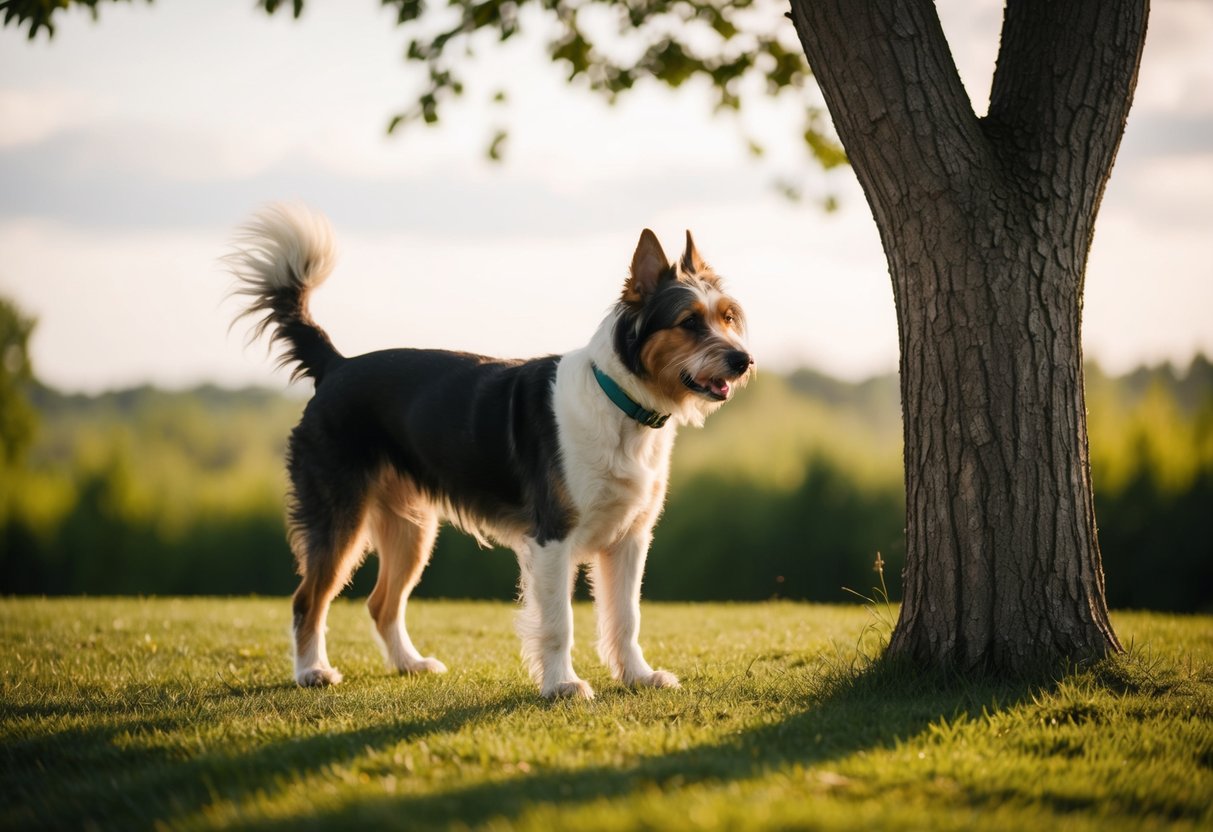 A dog standing by a tree, lifting its leg to pee
