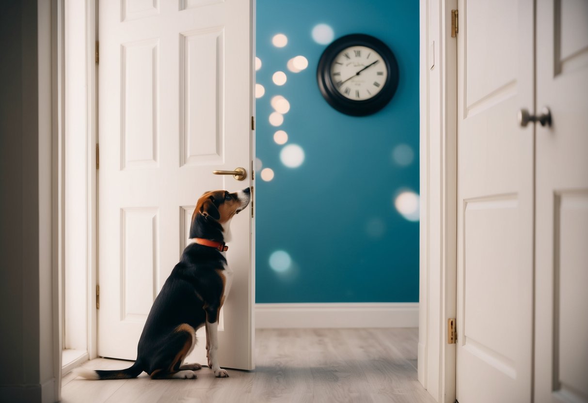 A dog waits by the door, legs crossed, staring at a clock on the wall