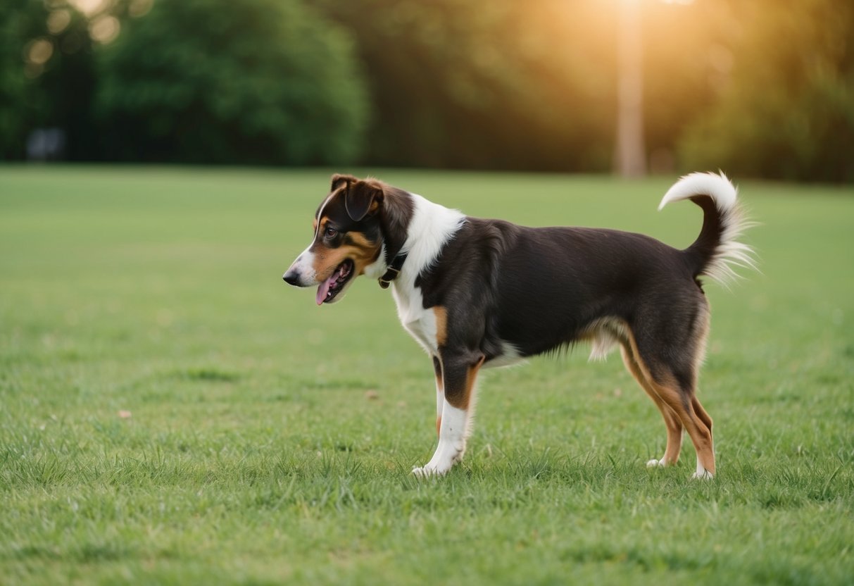 A dog standing near a grassy area, lifting its leg to urinate