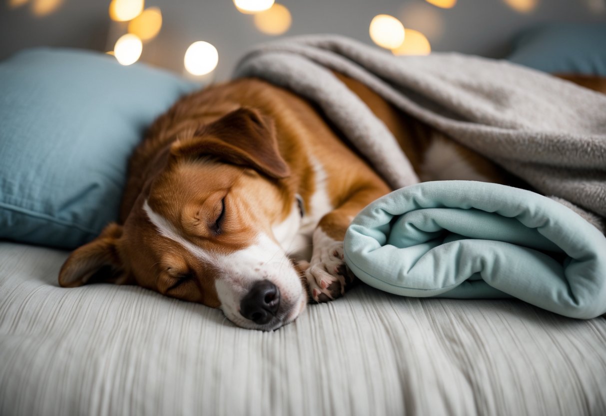 A dog peacefully snoozes beside its owner, nestled in a cozy bed with a soft blanket