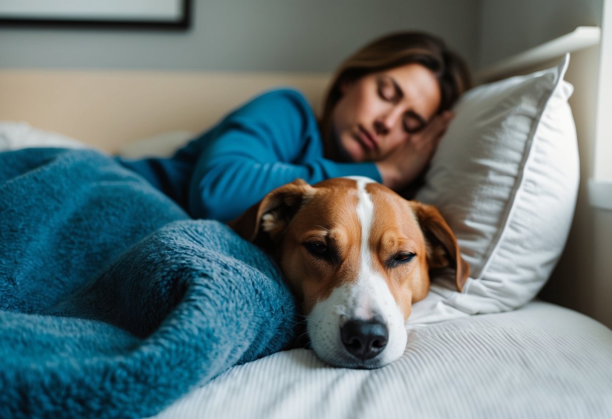 A dog curled up on a cozy bed next to their sleeping owner, with a sense of comfort and security