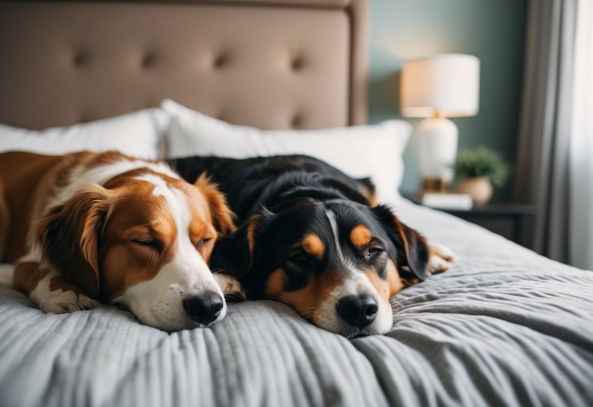 A cozy bed with a dog nestled beside its owner, both peacefully sleeping