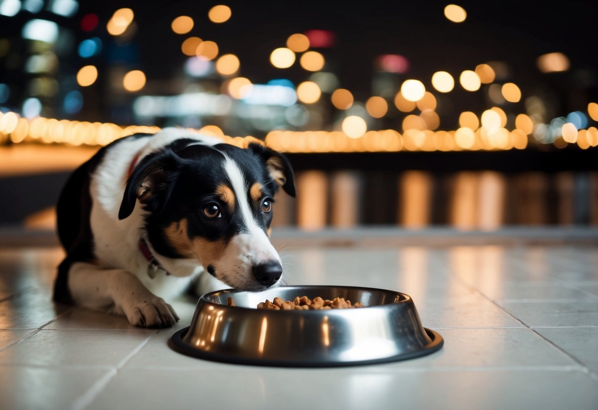 A dog eagerly awaits dinner by its empty food bowl at 8pm