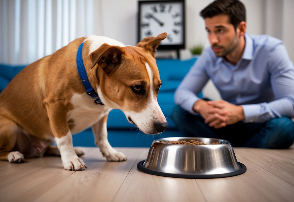 A dog eagerly waits by an empty food bowl at 8pm, with a concerned owner looking at a clock in the background